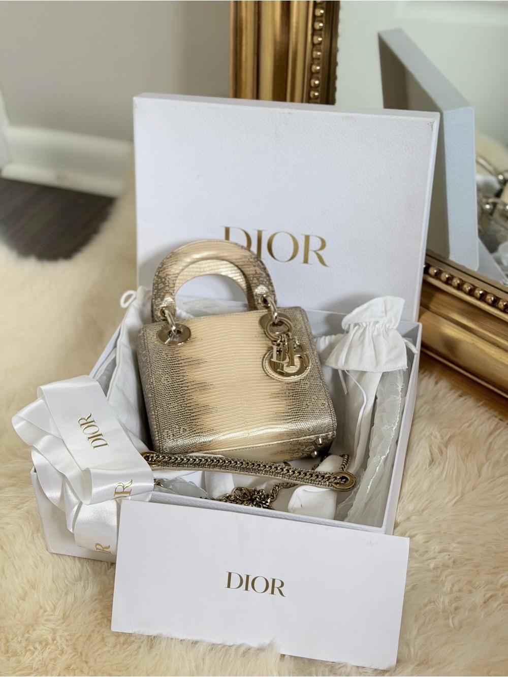 Mini Lady Dior Himalayan lizard in champagne gold hardware